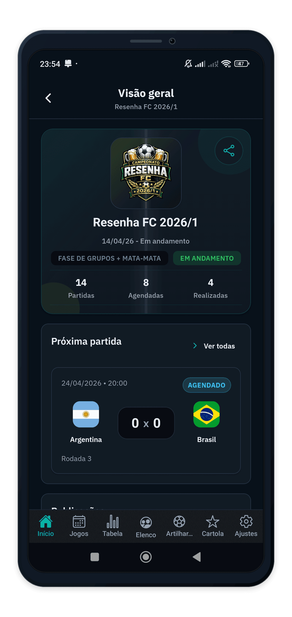 Mockup do app Copa Fut: publicação oficial do campeonato