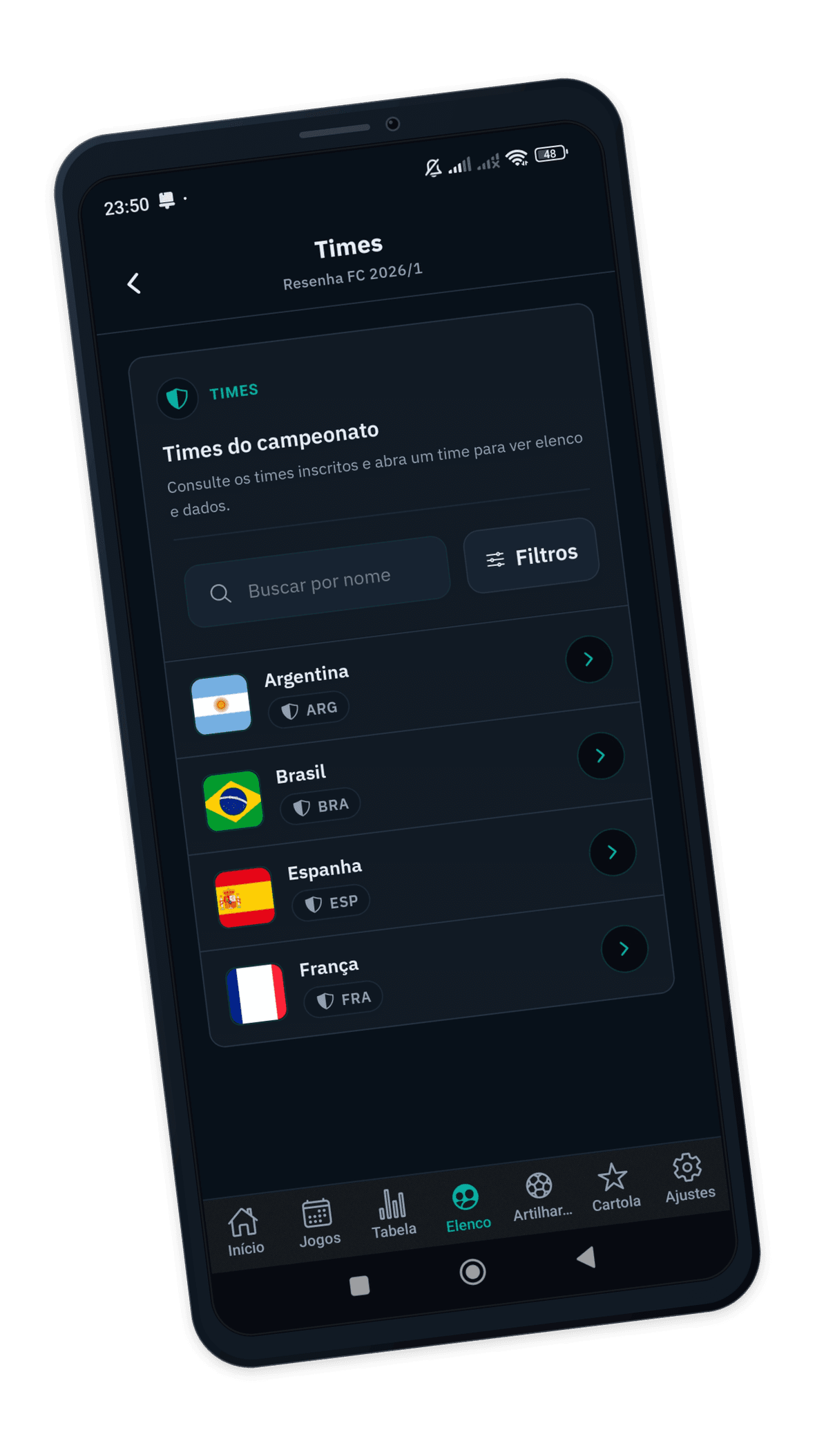 Mockup do app Copa Fut: times e inscrições